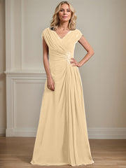 A-line V-Neck Floor-Length Chiffon Mother of the Bride Dress With Pleated Sequins Beading