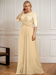 A-line Scoop Illusion Floor-Length Chiffon Lace Mother of the Bride Dress With Pleated Sequins Beading