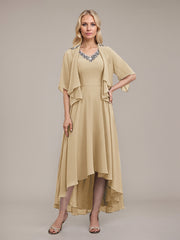 A-line V-Neck Asymmetrical Chiffon Mother of the Bride Dress With Beading Sequins