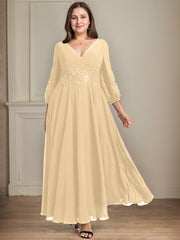A-line V-Neck Ankle-Length Lace Chiffon Mother of the Bride Dress With Sequins
