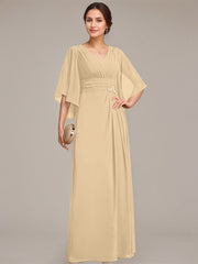 Sheath/Column V-Neck Floor-Length Chiffon Mother of the Bride Dress With Pleated Sequins Beading