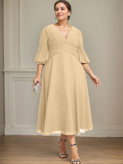 A-line V-Neck Tea-Length Chiffon Mother of the Bride Dress With Pleated