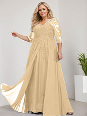 A-line V-Neck Floor-Length Lace Chiffon Mother of the Bride Dress With Sequins