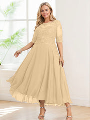 A-line Illusion Boat Neck Asymmetrical Chiffon Lace Mother of the Bride Dress With Sequins Beading