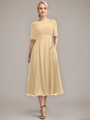 A-line Scoop Tea-Length Chiffon Mother of the Bride Dress With Appliques Lace Sequins