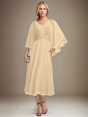 A-line V-Neck Tea-Length Chiffon Lace Mother of the Bride Dress With Sequins Beading