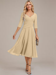 A-line V-Neck Tea-Length Chiffon Mother of the Bride Dress With Pleated