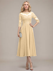 A-line Scoop Illusion Tea-Length Chiffon Lace Mother of the Bride Dress With Sequins Beading