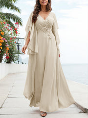A-Line V-Neck Floor-Length Chiffon Mother Of The Bride Dresses With Appliques Lace