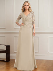 A-line V-Neck Floor-Length Lace Chiffon Mother of the Bride Dress With Pleated Sequins