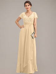 A-line V-Neck Floor-Length Chiffon Lace Mother of the Bride Dress With Beading Sequins Cascading Ruffles