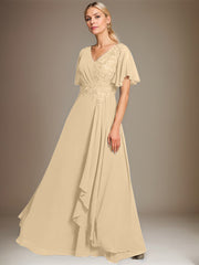A-line V-Neck Floor-Length Lace Chiffon Mother of the Bride Dress With Cascading Ruffles Sequins