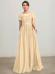 A-line Illusion Scoop Floor-Length Lace Chiffon Mother of the Bride Dress With Sequins