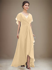 A-line V-Neck Asymmetrical Chiffon Mother of the Bride Dress With Sequins Beading Cascading Ruffles