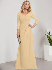 Sheath/Column V-Neck Illusion Floor-Length Lace Chiffon Mother of the Bride Dress With Pleated Sequins