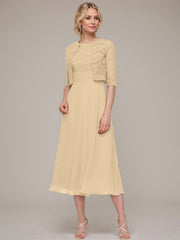 A-line/Princess Scoop Tea-Length Chiffon Mother of the Bride Dress With Lace Jacket