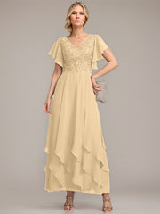 A-line V-Neck Ankle-Length Lace Chiffon Mother of the Bride Dress With Cascading Ruffles