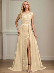 Sheath/Column Scoop Illusion Floor-Length Detachable Chiffon Lace Mother of the Bride Dress With Sequins Beading