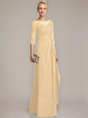 A-line Scoop Illusion Floor-Length Chiffon Lace Mother of the Bride Dress With Beading Sequins Cascading Ruffles