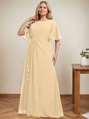 A-line Scoop Floor-Length Chiffon Mother of the Bride Dress With Cascading Ruffles Beading Sequins