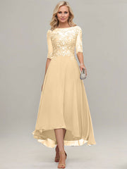 A-line Illusion Boat Neck Asymmetrical Chiffon Lace Mother of the Bride Dress With Sequins Beading