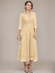 A-line V-Neck Tea-Length Chiffon Mother of the Bride Dress