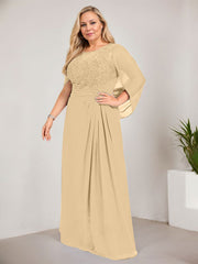 A-line Scoop Illusion Floor-Length Lace Chiffon Mother of the Bride Dress With Sequins Pleated