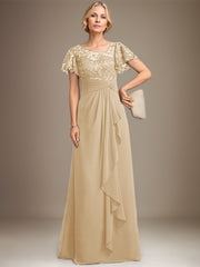 A-line Asymmetrical Illusion Floor-Length Lace Chiffon Mother of the Bride Dress With Cascading Ruffles Sequins