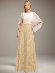 A-line Scoop Floor-Length Lace Sequin Chiffon Mother of the Bride Dress With Pleated