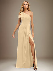 Sheath/Column Cold Shoulder One Shoulder Floor-Length Chiffon Evening Dress With Cascading Ruffles