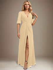 A-line V-Neck Floor-Length Chiffon Evening Dress With Pleated