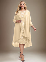 Sheath/Column Scoop Illusion Knee-Length Lace Chiffon Mother of the Bride Dress With Cascading Ruffles Sequins