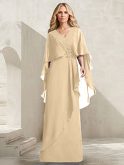 A-line V-Neck Floor-Length Chiffon Mother of the Bride Dress With Cascading Ruffles Beading
