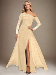 Trumpet/Mermaid Asymmetrical Illusion Floor-Length Lace Chiffon Evening Dress With Sequins
