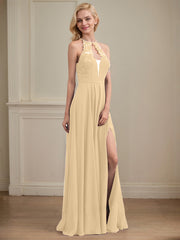 A-line Illusion Scoop Floor-Length Chiffon Evening Dress With Appliques Lace