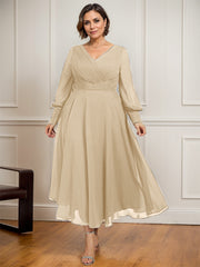 A-line V-Neck Tea-Length Chiffon Mother of the Bride Dress With Pleated