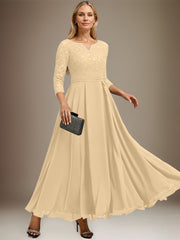 A-line V-Neck Ankle-Length Chiffon Lace Mother of the Bride Dress With Rhinestone