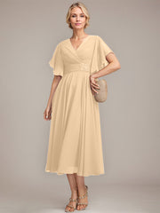 A-line V-Neck Tea-Length Chiffon Mother of the Bride Dress With Pleated Beading