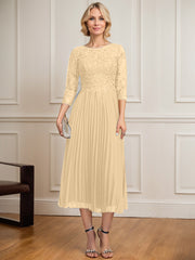 A-line Scoop Illusion Tea-Length Lace Chiffon Mother of the Bride Dress With Sequins Pleated