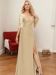 A-Line V-Neck 1/2 Sleeves Floor-Length Chiffon Mother Of The Bride Dresses With Lace