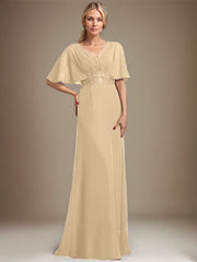 A-line V-Neck Floor-Length Chiffon Mother of the Bride Dress With Sequins Appliques Lace Pleated