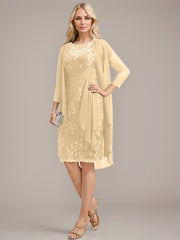 Sheath/Column Scoop Illusion Knee-Length Lace Chiffon Mother of the Bride Dress With Cascading Ruffles Sequins