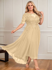 A-line Scoop Illusion Asymmetrical Lace Chiffon Mother of the Bride Dress With Sequins
