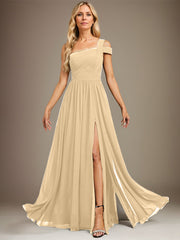 A-line Cold Shoulder One Shoulder Floor-Length Chiffon Evening Dress With Pleated