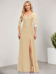 Sheath/Column V-Neck Floor-Length Lace Chiffon Mother of the Bride Dress With Sequins