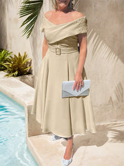 A-Line Off-The-Shoulder Tea-Length Chiffon Mother Of The Bride Dresses With Beading