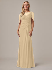 A-Line Floor-Length Boat-Neck Lace Capelet Chiffon Mother of the Bride Dress