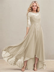 A-line Scoop Illusion Asymmetrical Lace Chiffon Mother of the Bride Dress With Pleated Sequins