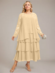 A-line Scoop Tea-Length Chiffon Mother of the Bride Dress With Cascading Ruffles