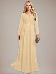 A-line V-Neck Floor-Length Stretch Crepe Evening Dress With Pleated Sequins Appliques Lace